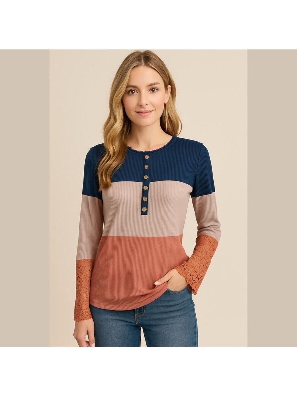 Colorblock Henley Lace Sleeve Top Navy, Dusty Mauve,Coral Size Small Ribbed Knit